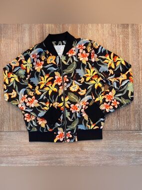 Angel Kiss Black Bomber Jacket with Orange, Yellow & Cream Floral Print